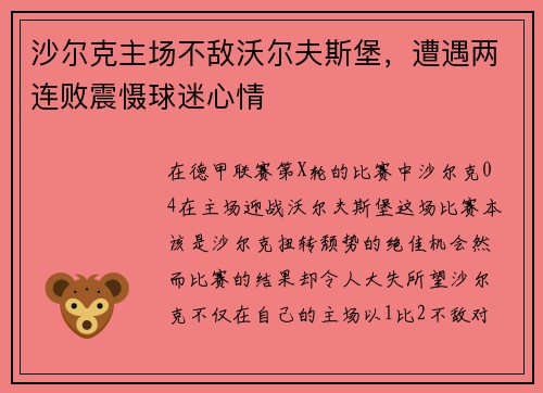 沙尔克主场不敌沃尔夫斯堡，遭遇两连败震慑球迷心情